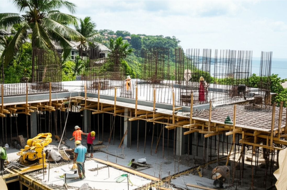 A wide shot of a construction site for a modern villa in Bali, blending contemporary design with traditional Balinese architectural touches, surrounded by lush tropical vegetation. Cranes and construction workers are visible, highlighting the ongoing development in Bali's contractor business landscape.