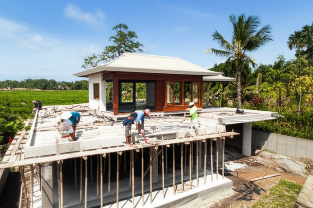 A general contractor overseeing the construction of a modern tropical home in Bali, with lush greenery and traditional elements visible in the background, symbolizing expert home building in paradise.