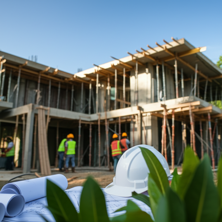 A photograph of a modern villa under construction in Bali, surrounded by vibrant green tropical plants, with a clear blue sky. Professional workers in safety vests are seen in the background, and a hard hat is visible in the foreground. The image conveys the professionalism and serene environment of building a dream home in Bali.