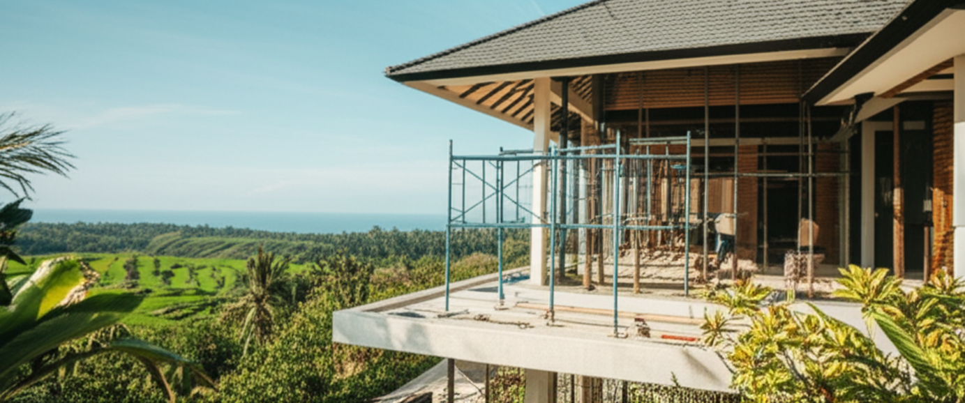 A photograph of a modern villa under construction in Bali, showcasing a seamless blend of professional building work with the lush tropical environment. The image features scaffolding and construction materials in a tidy foreground, set against a beautiful Balinese landscape with green foliage and clear skies, symbolizing efficient and integrated general contractor and builder services on the island.