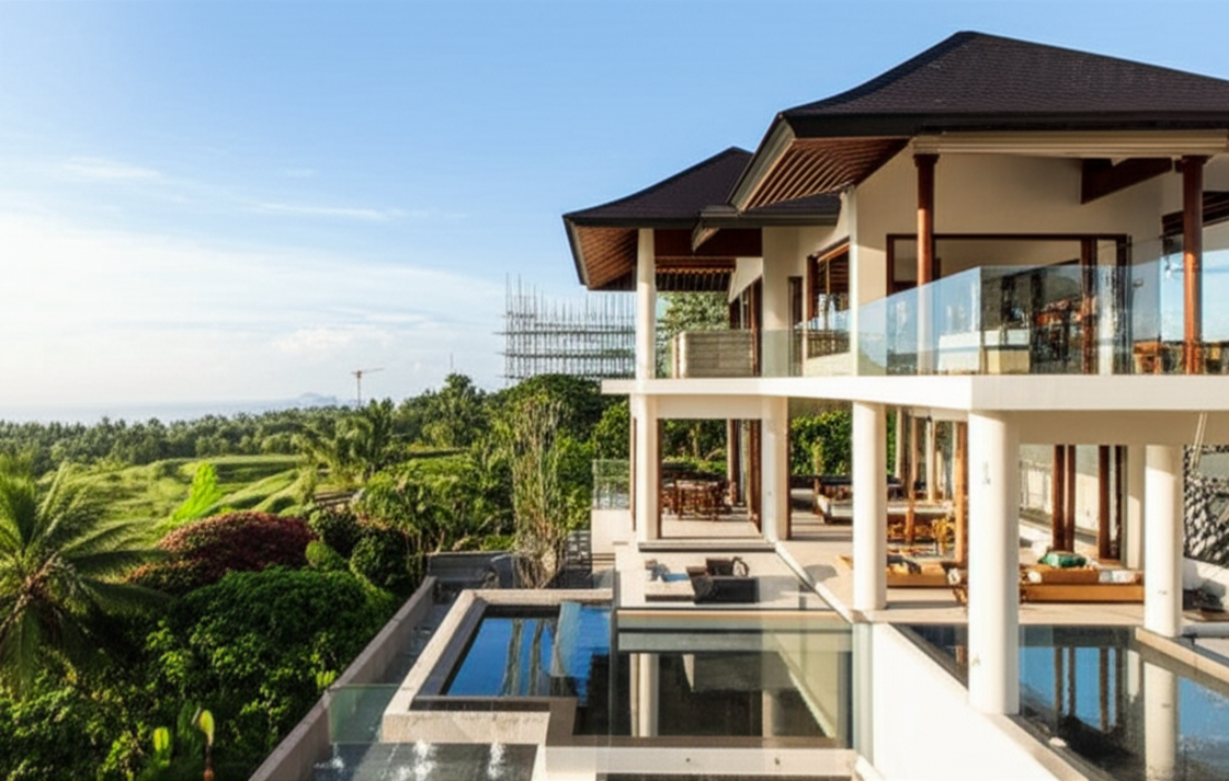 A high-quality, modern villa in Bali, showcasing a blend of traditional and contemporary architecture amidst lush tropical greenery, symbolizing expert general builders' work.