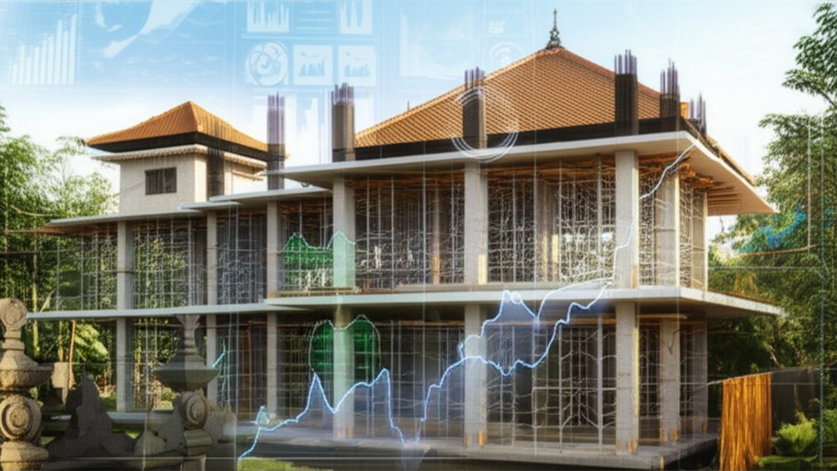 Architectural rendering of a modern, eco-friendly villa under construction in Bali, featuring a blend of contemporary and traditional Balinese design elements amidst lush tropical gardens. Transparent digital overlays of financial charts and construction blueprints are subtly integrated, symbolizing efficient cost management and smart development in a beautiful island setting.