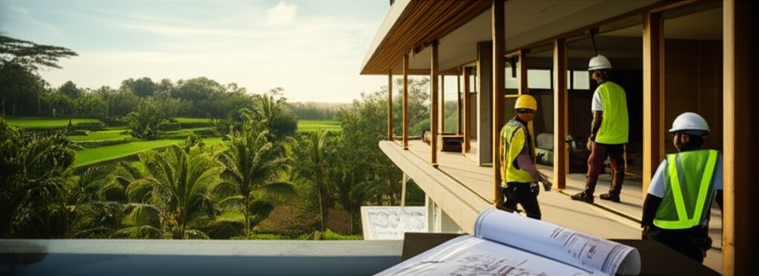 A stunning golden hour view of a modern villa under construction in Bali, showcasing architectural elegance against a backdrop of green rice paddies and tropical trees. The image subtly highlights professional construction management, symbolizing a high-quality general contractor's role in building projects in Bali.
