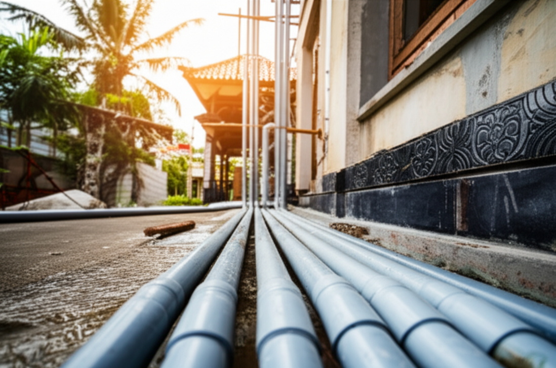 A close-up shot of expertly installed plumbing pipes and modern fixtures, with the warm glow of a tropical Balinese construction site or a luxurious villa in the background. The image highlights the fusion of advanced building techniques with the natural and cultural aesthetics of Bali, emphasizing quality and professional craftsmanship in general contracting and plumbing.