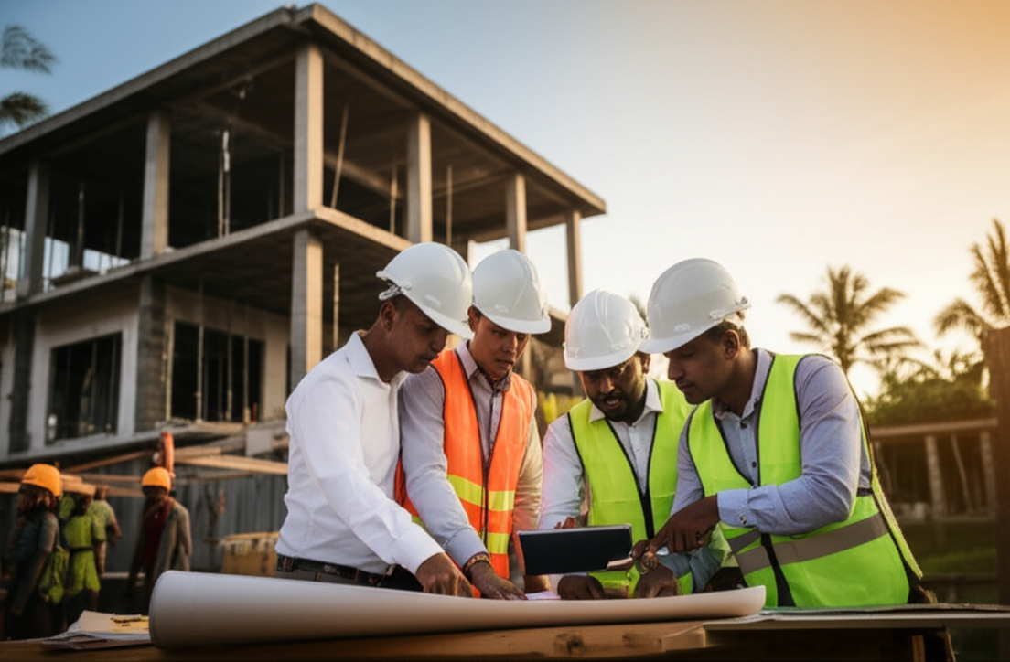 A team of construction professionals reviewing blueprints on a building site in Bali, with a modern villa under construction surrounded by tropical greenery, symbolizing quality GC contractor work in a beautiful setting.