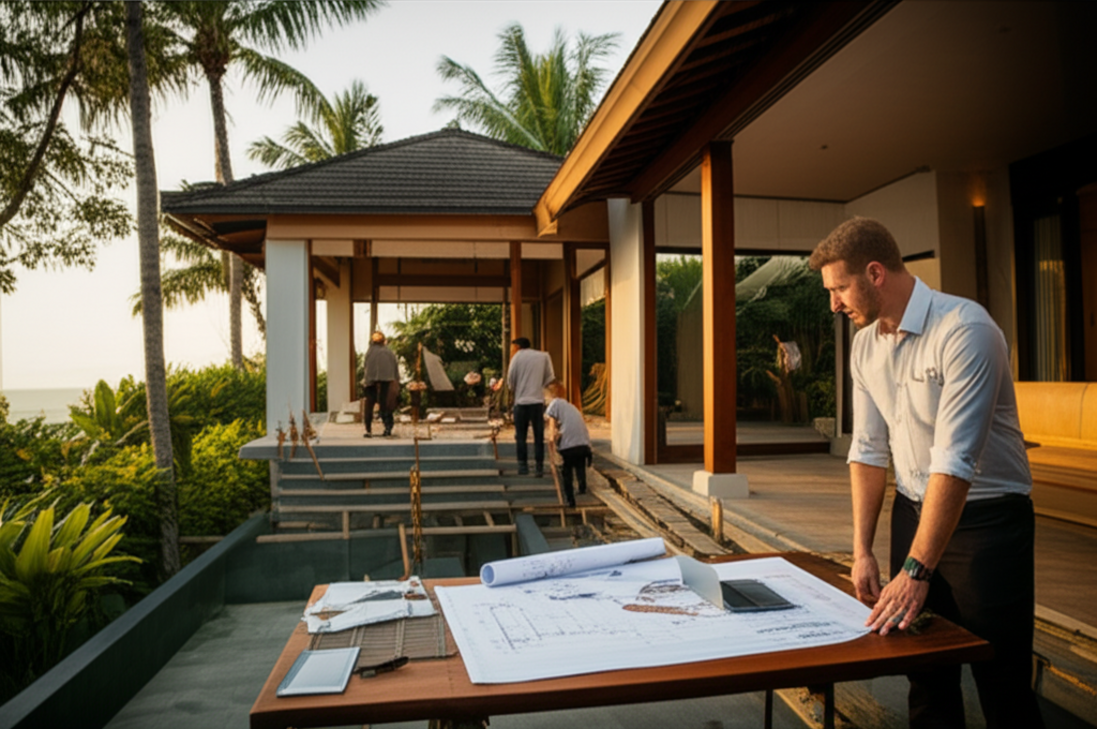 A luxury villa under construction in Bali, showcasing architectural design, local workers, and project management in a tropical setting.