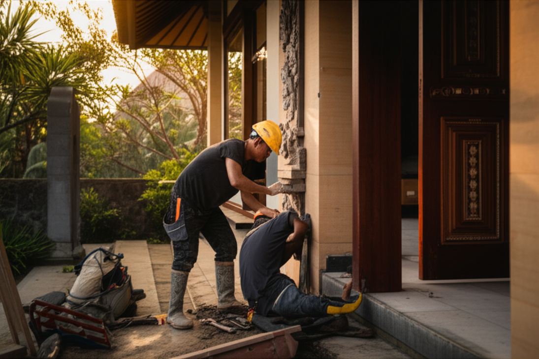 A beautifully renovated modern Balinese villa with skilled construction workers, symbolizing expert renovation and solid build in Bali, surrounded by tropical nature.