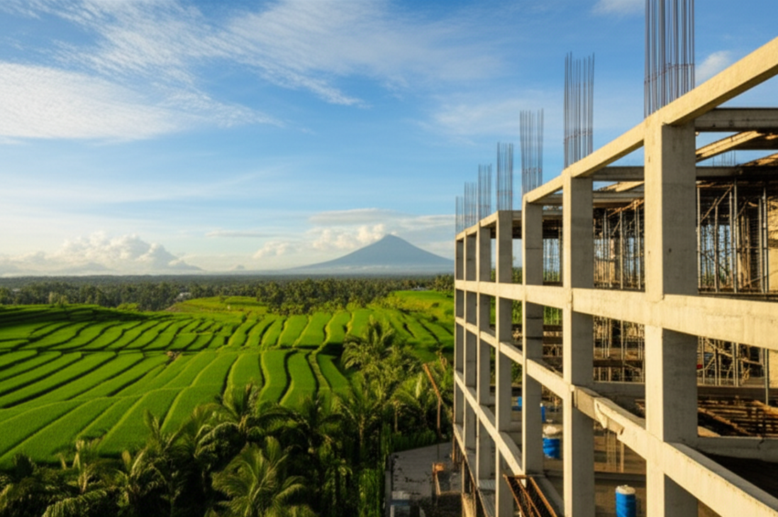 Modern structural construction in Bali, showcasing a robust building frame with concrete and steel, set against a beautiful landscape of rice fields and mountains, symbolizing strength, safety, and island development.