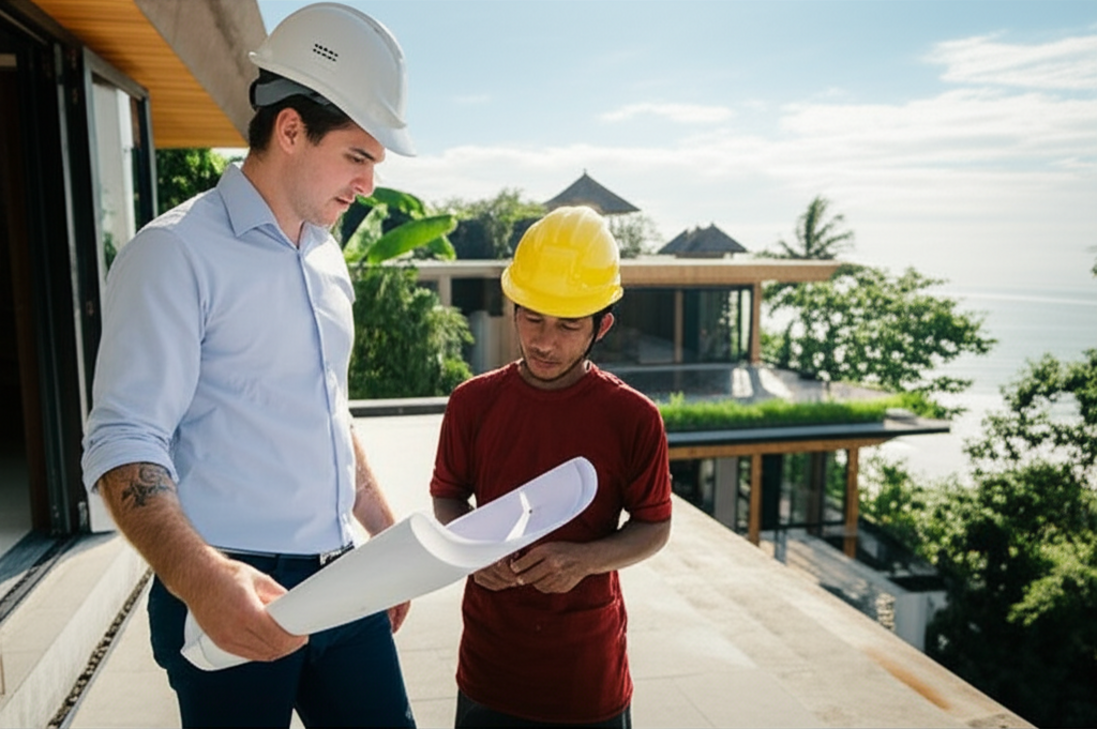 A general contractor and foreman discussing blueprints at a luxury villa construction site in Bali, with lush tropical surroundings and the ocean in the background, symbolizing expert building in a unique environment.