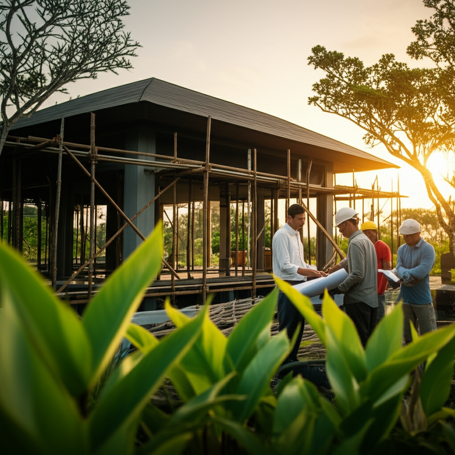 A photograph of a Balinese-style home construction site, showcasing a blend of traditional and modern elements. A general contractor is overseeing the project, surrounded by lush tropical landscaping and local workers, embodying the fusion of nature, culture, and expert craftsmanship in building a dream home in Bali.