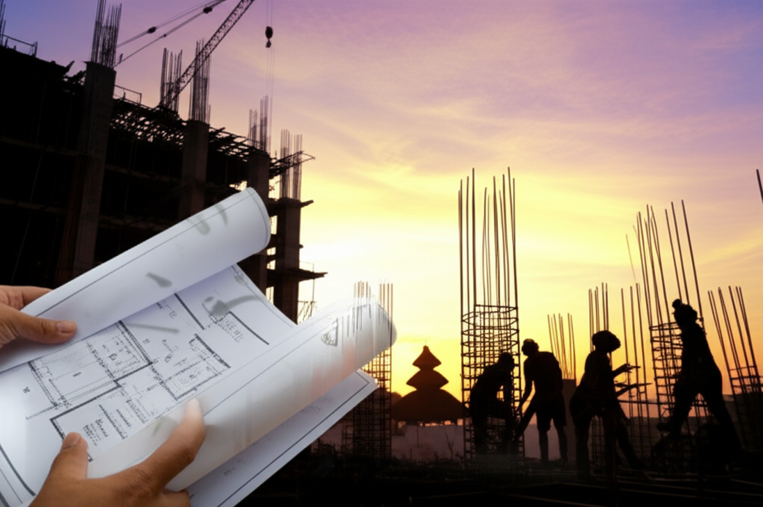 A construction site in Bali at sunset with a blueprint, workers, and traditional Balinese architecture, symbolizing successful project management, on-time delivery, and staying within budget in the unique Balinese environment.