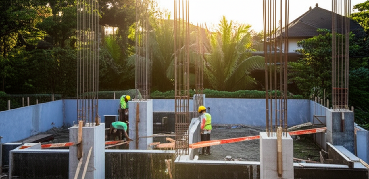 Construction workers laying a strong concrete foundation with steel rebar on a building site in Bali, surrounded by tropical foliage, symbolizing robust engineering in a beautiful yet seismically active environment.