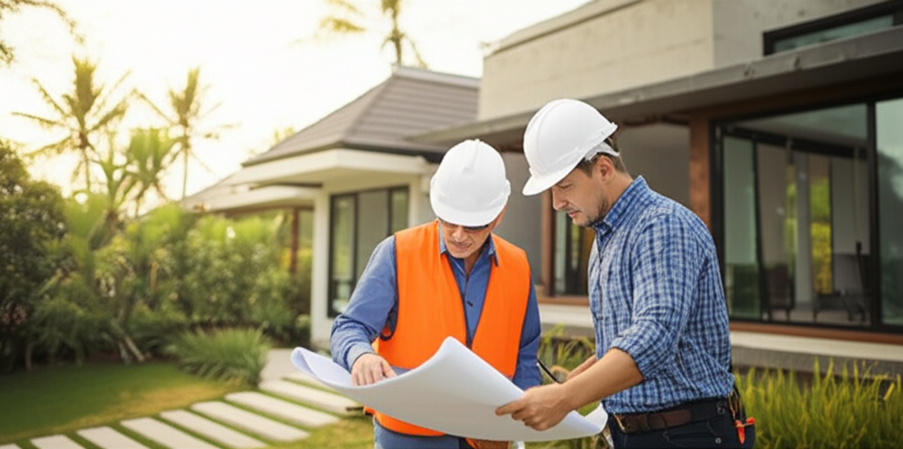 An image depicting a general contractor and a client discussing blueprints at a residential construction site during sunset, with tropical foliage in the background, symbolizing expert building services in a unique, beautiful location.