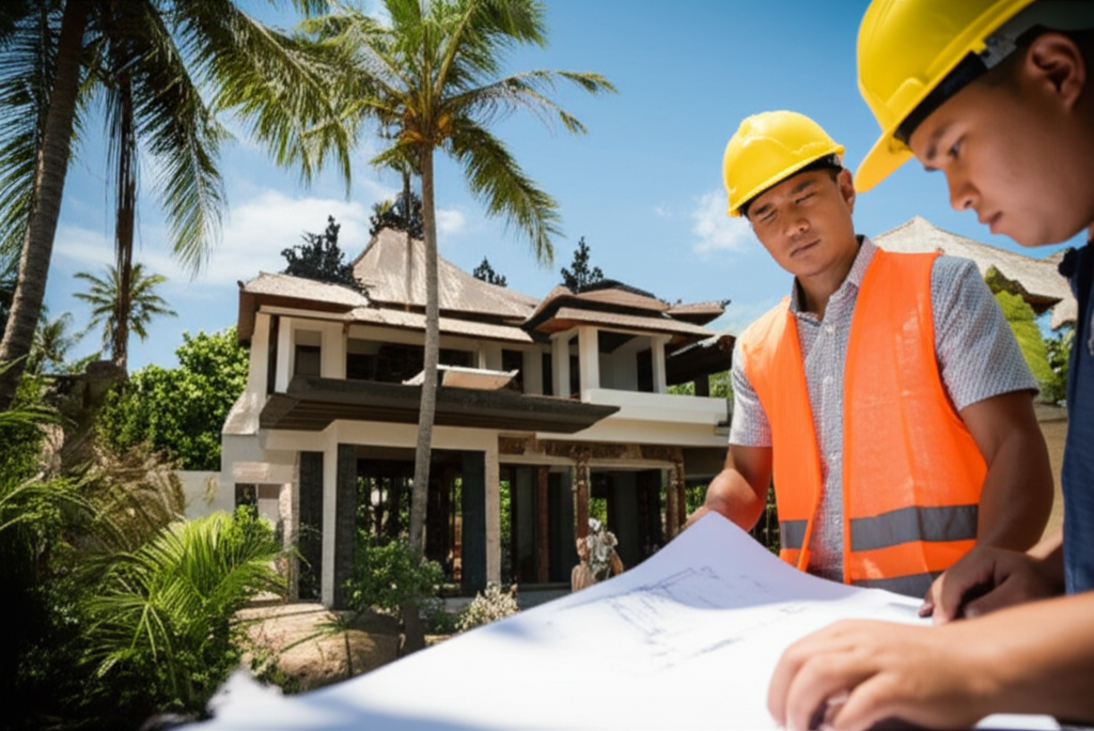 A modern villa under construction in Bali, with construction workers and architectural plans in the foreground, and lush tropical greenery and traditional Balinese architectural hints in the background, symbolizing comprehensive construction services.