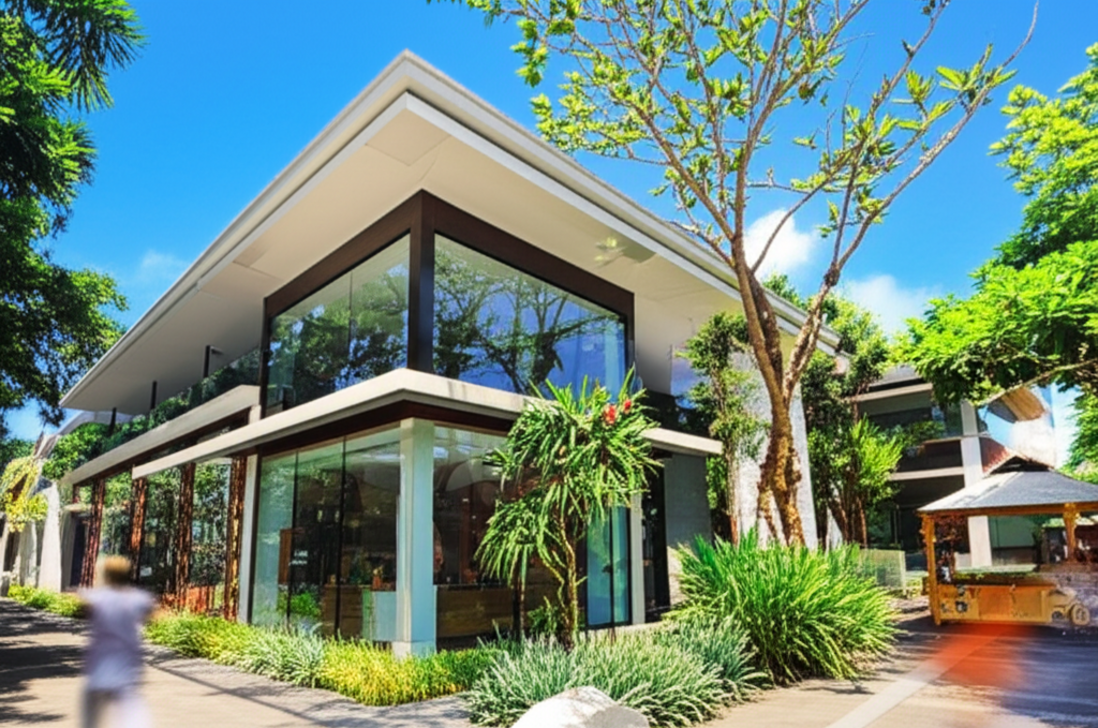 A sleek, contemporary commercial building in Bali, featuring a traditional Balinese roof and surrounded by rich green tropical plants under a bright sky. The architecture harmonizes modern glass facades with natural wood and stone, suggesting sustainable and culturally integrated development suitable for commercial ventures in the region.