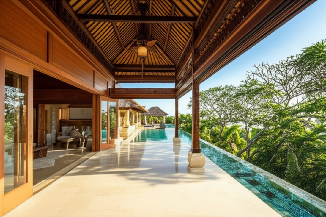 Newly renovated luxurious open-plan living area of a Balinese villa with natural wood and stone, tropical greenery, an infinity pool, and traditional architectural details, designed for modern comfort and island harmony.