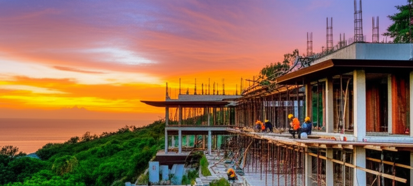 A photograph of a modern luxury villa being constructed in Bali, showcasing the growing general contractor business amidst the island's natural beauty and development boom.