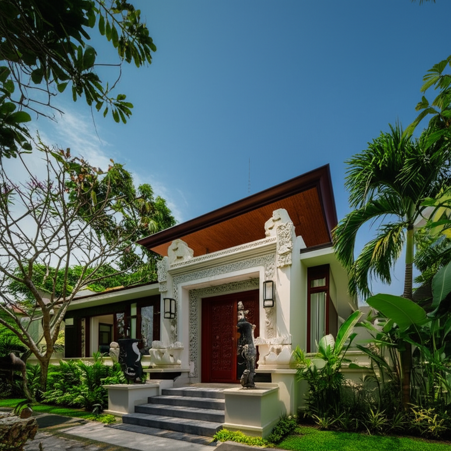 A beautiful modern residential building in Bali, designed with a blend of contemporary and traditional Balinese architectural elements, set against a vibrant green tropical backdrop under a clear sky, symbolizing structural safety and aesthetic design.