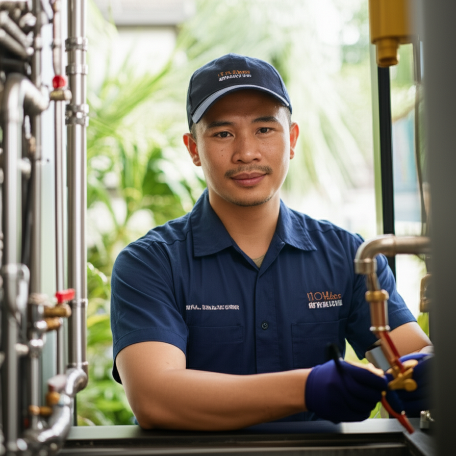 An expert plumbing contractor in Bali, demonstrating professional service while working on a pipe system inside a luxurious Balinese villa, symbolizing reliable plumbing solutions on the island.