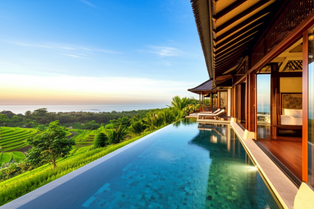 An opulent high-end Balinese villa at sunset, featuring an infinity pool, intricate wooden details, natural stone, and glass overlooking lush green rice terraces. The architectural style blends traditional Balinese elements with modern luxury, representing premium construction in Bali.
