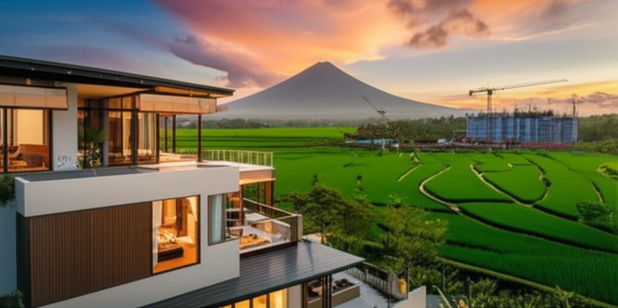 A stunning panoramic view of a modern, sustainable villa design with Balinese architectural elements, overlooking vibrant green rice paddies and a majestic volcano under a dramatic sky, symbolizing a dream construction project in Bali.