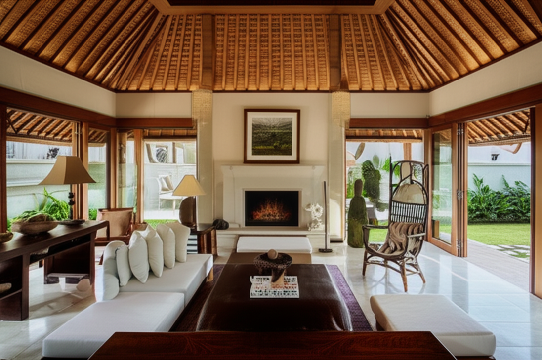 A stunning interior of a modern Balinese villa, demonstrating a perfect fusion of design and construction, featuring high ceilings, natural materials, and an open-plan living area with views of tropical gardens, ideal for a luxury lifestyle.