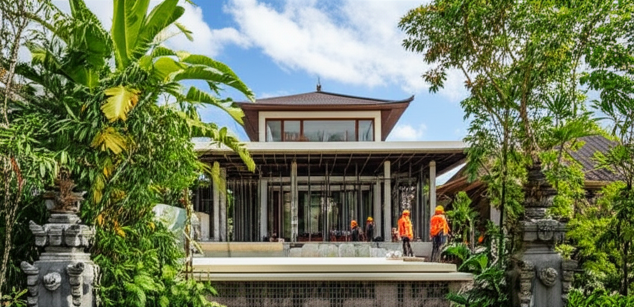 A luxurious new construction villa in Bali, blending modern design with traditional Balinese aesthetics, surrounded by lush tropical landscapes and workers ensuring quality build.