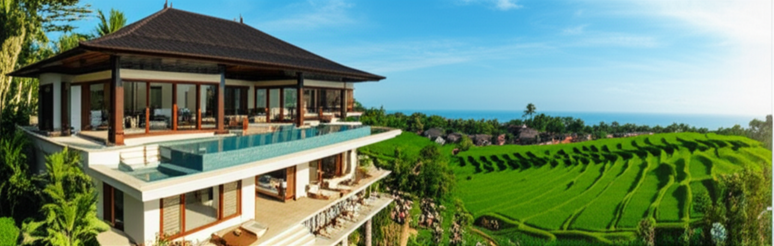 An exquisite Balinese villa showcasing modern design and traditional touches, set against a backdrop of verdant rice terraces and a clear blue sky, symbolizing sustainable housing and community integration in Bali.