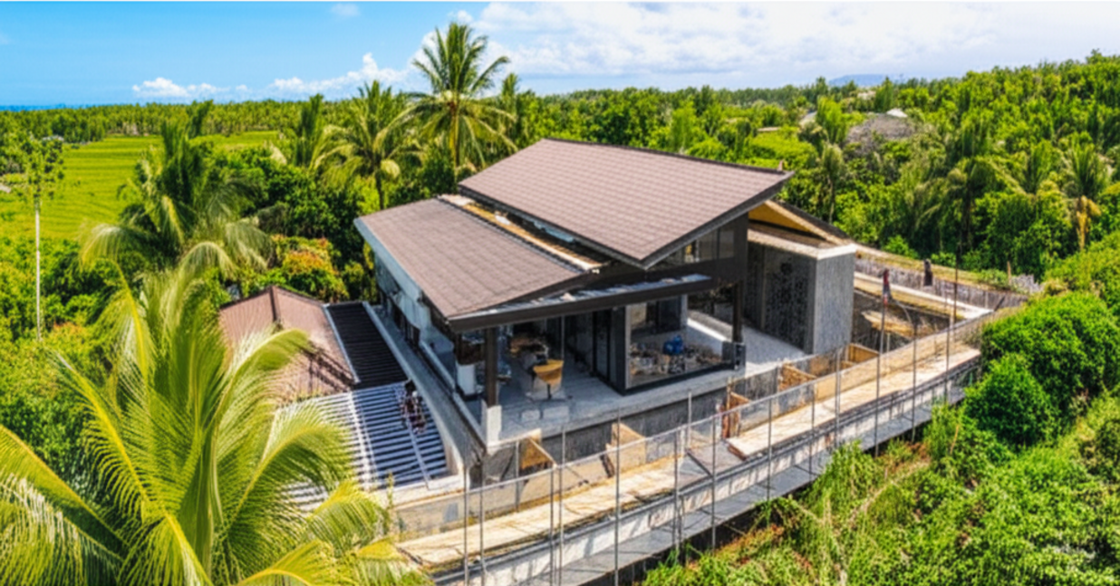 A modern eco-friendly villa under construction in Bali, showcasing a blend of contemporary and traditional Balinese architecture. Lush tropical greenery surrounds the site, with a clear blue sky overhead. Construction workers are present, signifying active development and professional building construction contractors at work on the island of Bali.