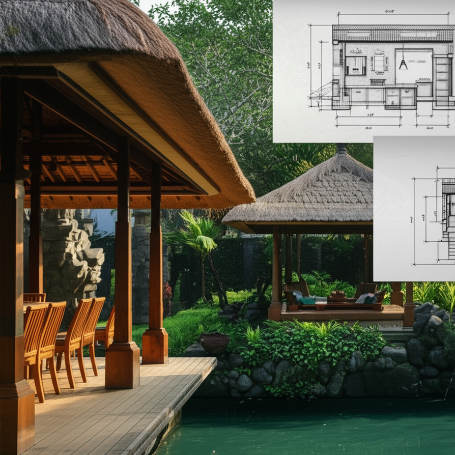 A beautiful luxury villa in Bali, showcasing a seamless blend of modern and traditional Balinese architectural elements. Natural materials like wood, stone, and a thatched roof are prominent, surrounded by vibrant tropical plants. The image represents the integration of contractor and interior design services for a dream Balinese property.