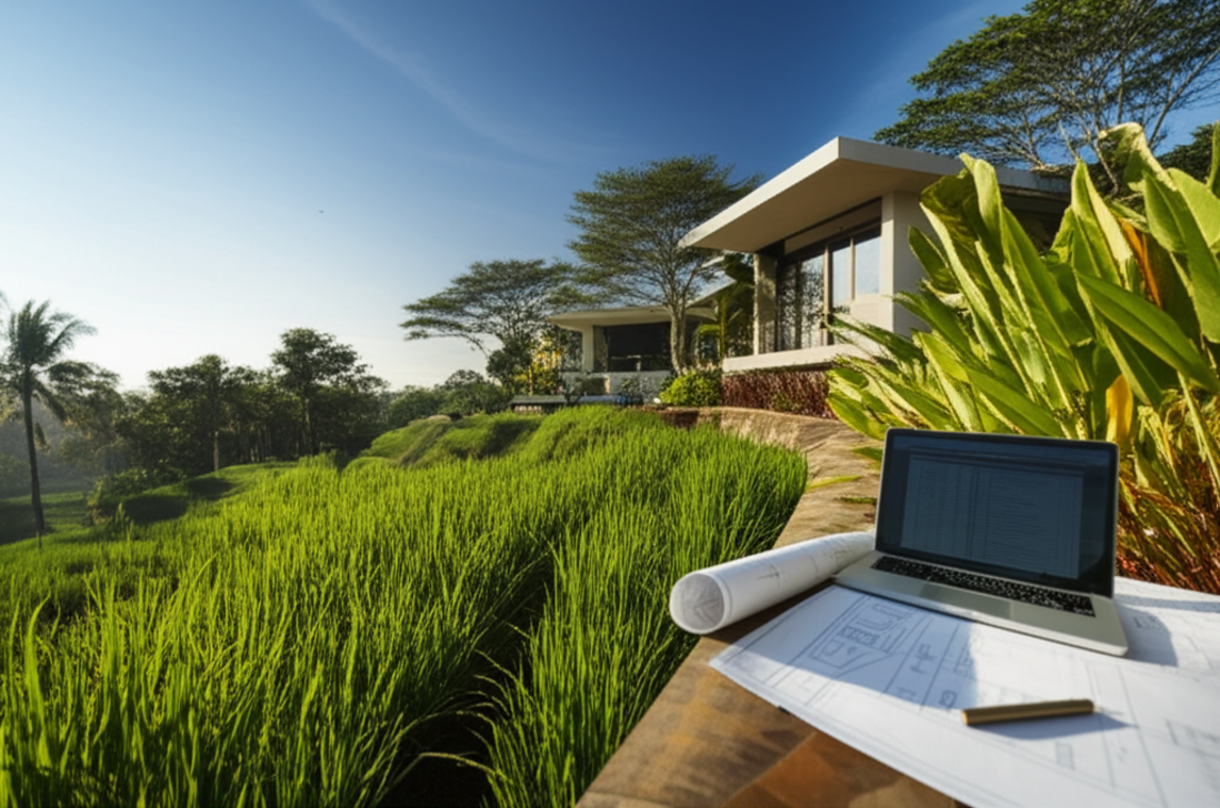 A serene yet vibrant image of a new architectural project in Bali, surrounded by lush green landscapes, with subtle elements hinting at financial planning and successful project management. The scene evokes a sense of balanced development and mindful investment on the island.