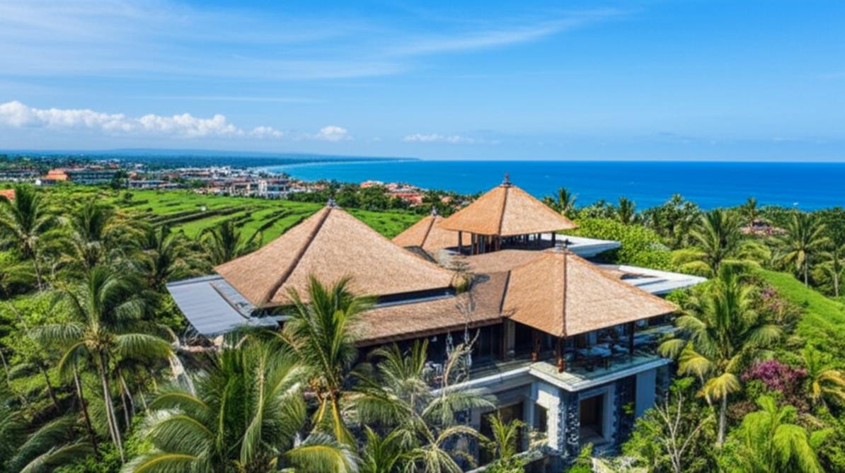 Aerial view of a modern commercial building in Bali, possibly a resort or office, featuring traditional Balinese architectural styles like natural materials and intricate details, surrounded by lush tropical vegetation and overlooking the ocean. The scene highlights the harmonious integration of commercial construction with Bali's natural landscape and cultural heritage, perfect for articles on commercial construction in Bali and investment opportunities.