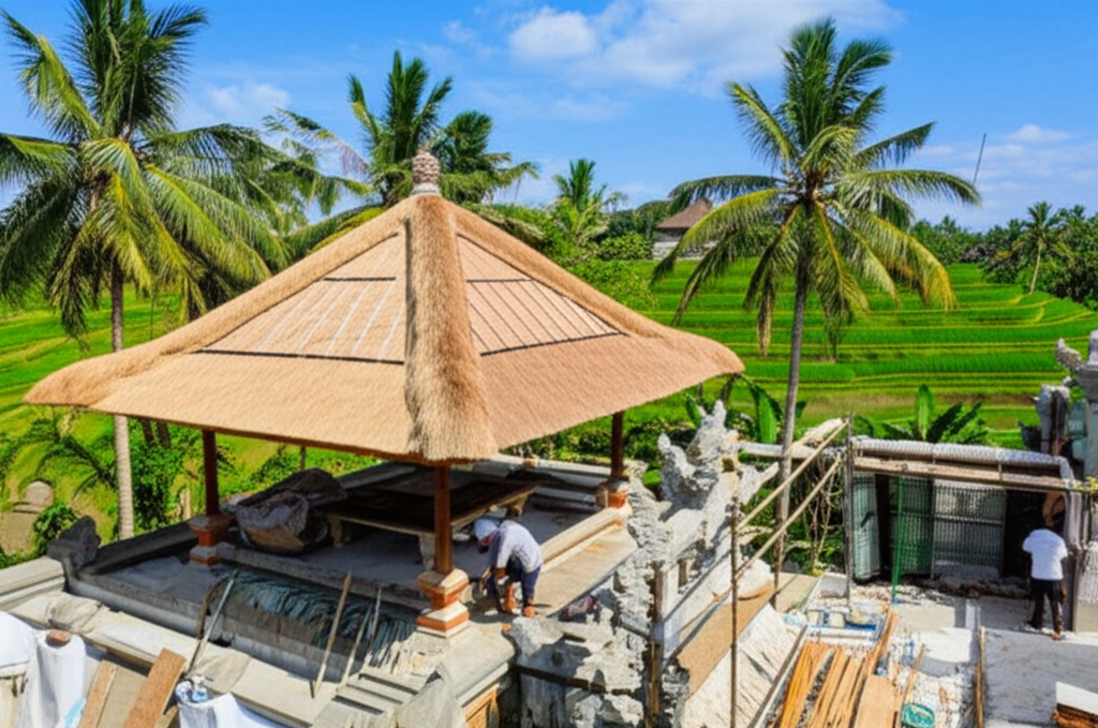 A luxurious modern Balinese villa under construction, with traditional elements like a thatched roof and stone carvings, surrounded by lush tropical landscaping and rice paddies, depicting the journey of expert construction from start to finish.