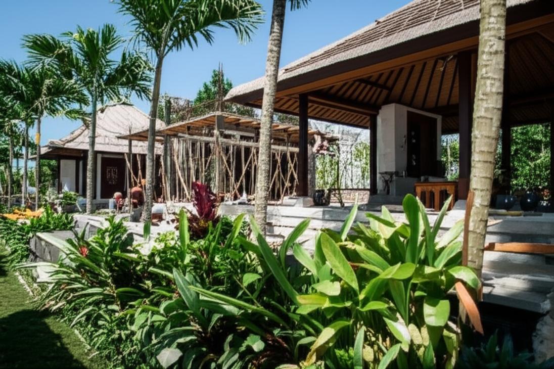A beautiful modern villa in Bali under construction, featuring traditional Balinese architectural elements and surrounded by vibrant tropical greenery, illustrating expert villa construction in Bali.