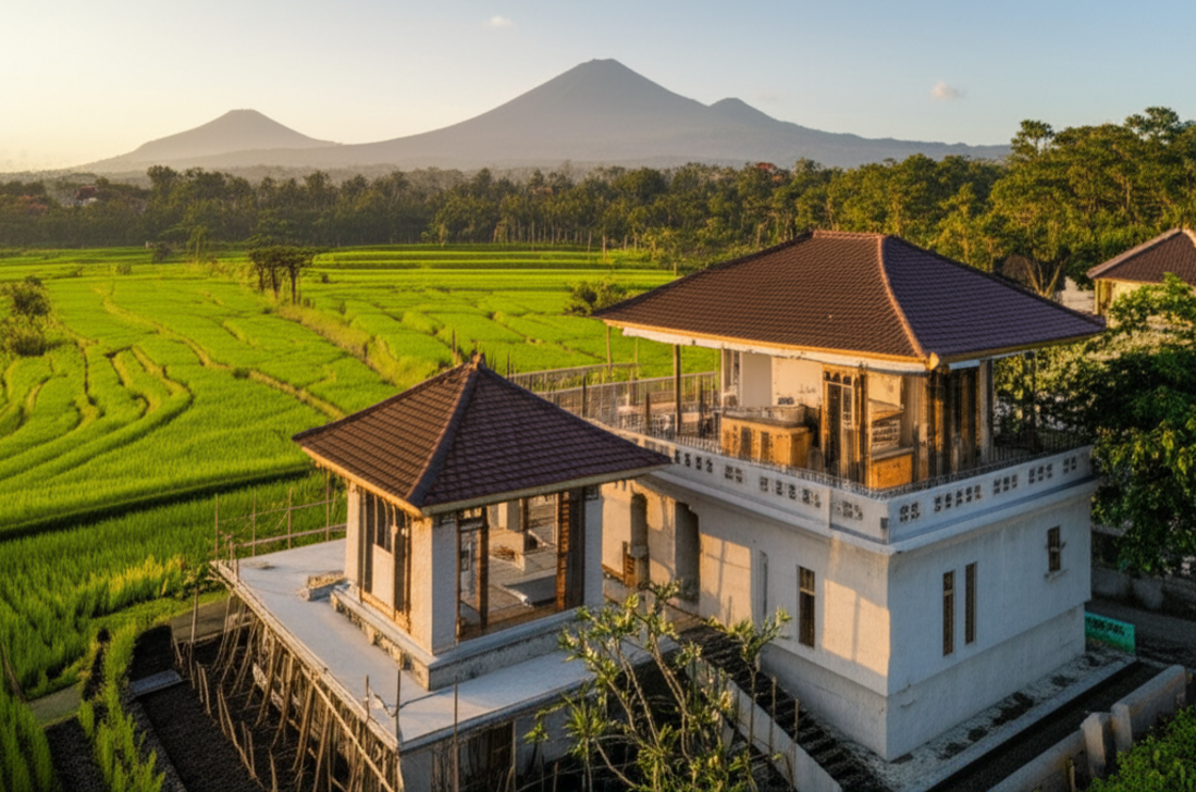 A new luxury villa under construction in Bali, showcasing a blend of modern design and traditional Balinese architecture amidst verdant rice fields, symbolizing the journey of expert villa construction from start to finish.
