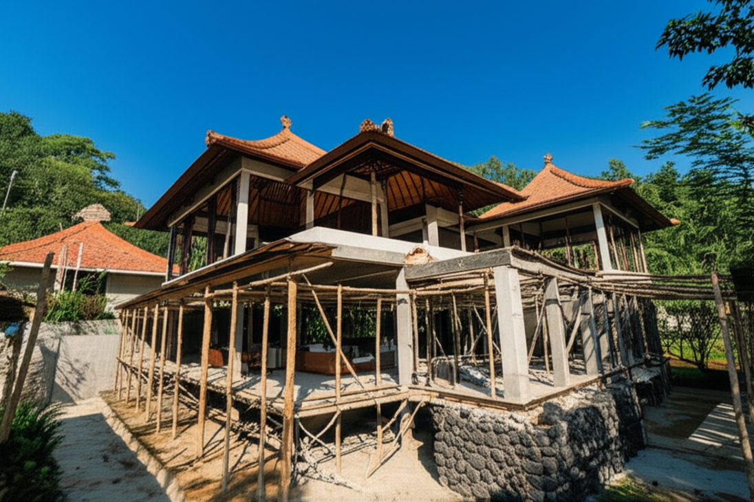 Photographic cover image of a modern Balinese villa under construction, showcasing a blend of traditional architecture and contemporary design with lush tropical surroundings. The image highlights the detailed craftsmanship and the beautiful setting of a developing luxury property in Bali.