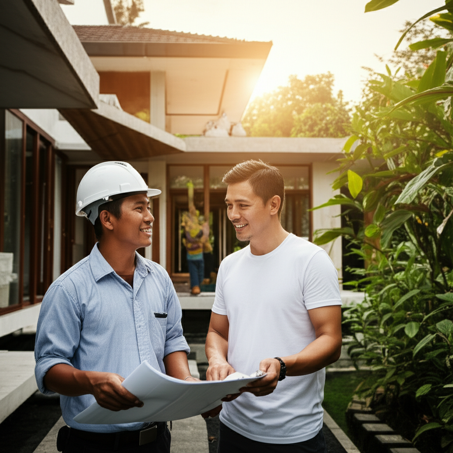 An expat client and a Balinese contractor reviewing blueprints on a construction site in Bali, with a partially built modern villa featuring traditional elements surrounded by tropical greenery under a warm sunset, symbolizing successful collaboration and construction in paradise.