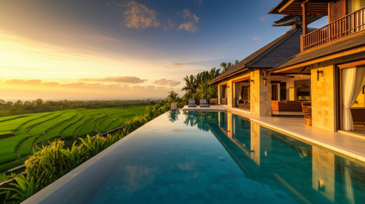 A luxurious, newly built modern Balinese villa at sunset with an infinity pool, lush tropical gardens, and traditional architectural elements, set against a backdrop of natural beauty, symbolizing expert construction in Bali.