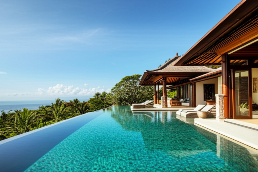 A beautiful, newly constructed luxury villa in Bali with an infinity pool, surrounded by vibrant green tropical foliage and offering panoramic views. The villa exterior highlights a fusion of modern design and traditional Balinese architecture, emphasizing expert construction.