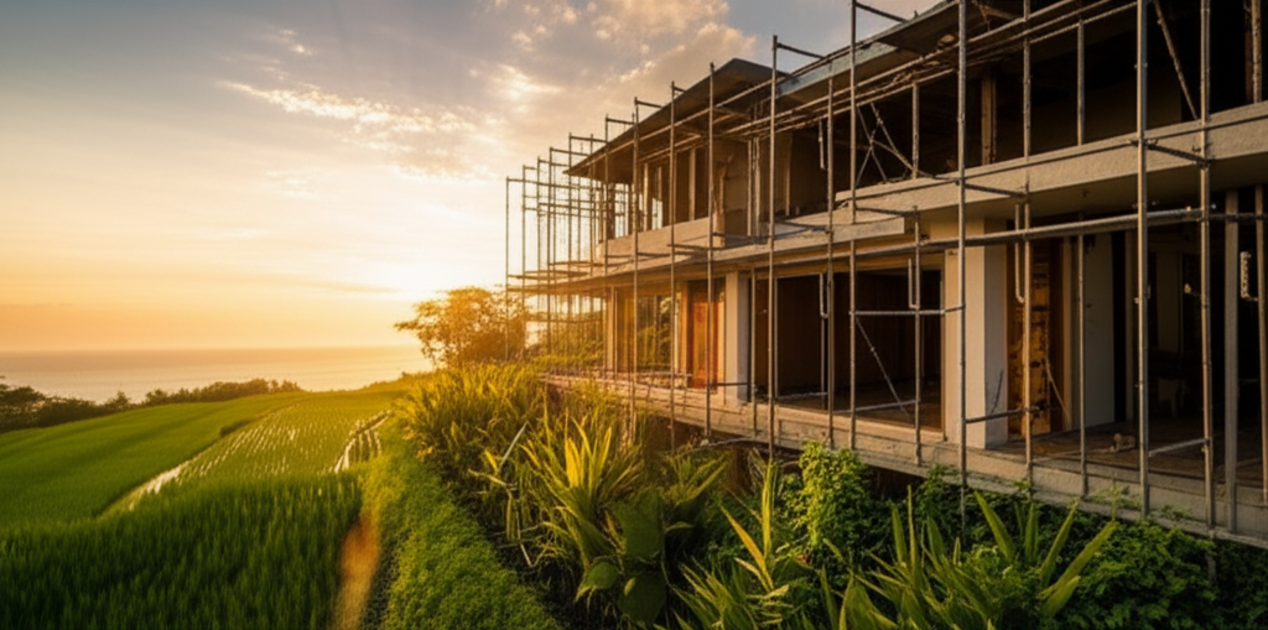A stunning sunset view of a luxurious modern villa under construction in Bali, showcasing the blend of ongoing development with the island's natural tropical beauty and potential for an exquisite finished home.