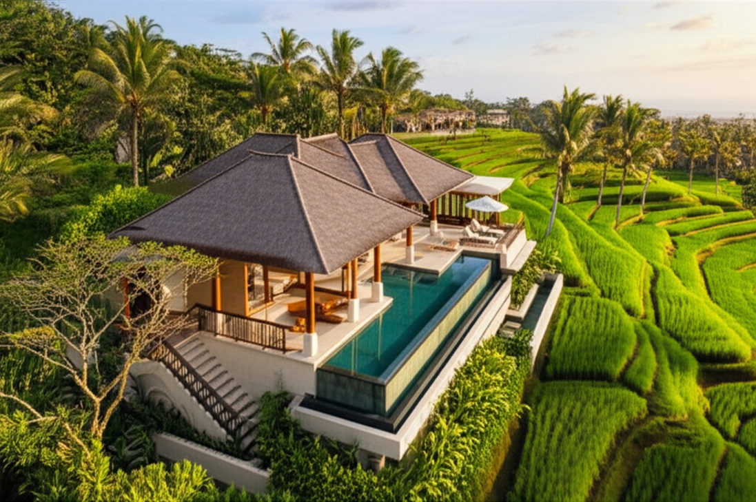 Luxurious modern Balinese villa with infinity pool, surrounded by vibrant green rice paddies and tropical plants, exemplifying expert construction and design in Bali.