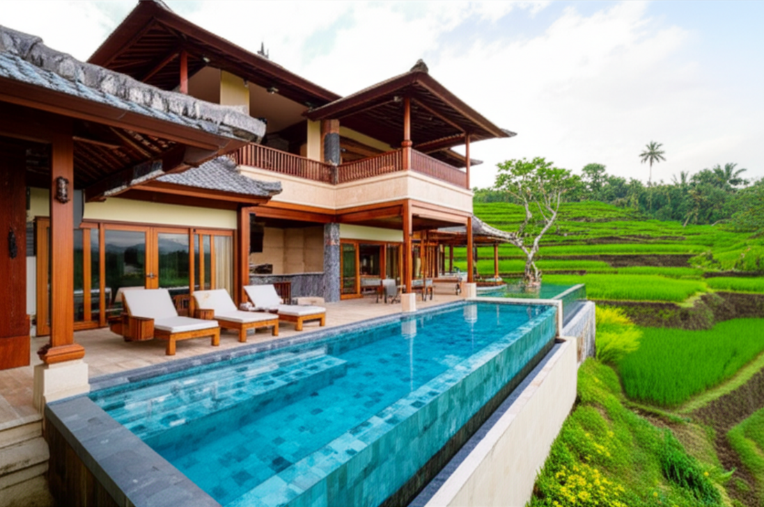 A newly built luxury villa in Bali, featuring traditional Balinese architecture, an infinity pool, and lush tropical landscaping, symbolizing expert construction and a dream come true.