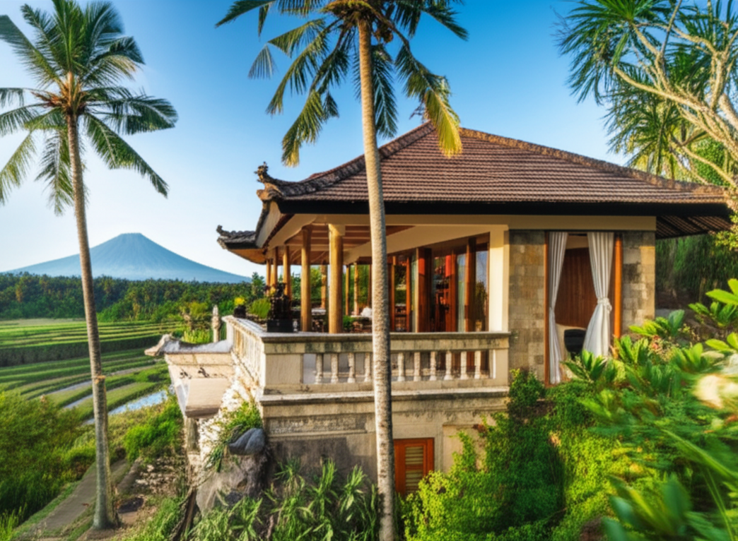 A stunning newly built luxury villa in Bali, featuring traditional architecture, a lush tropical garden, and a clear blue sky, symbolizing expert construction and a dream island home.