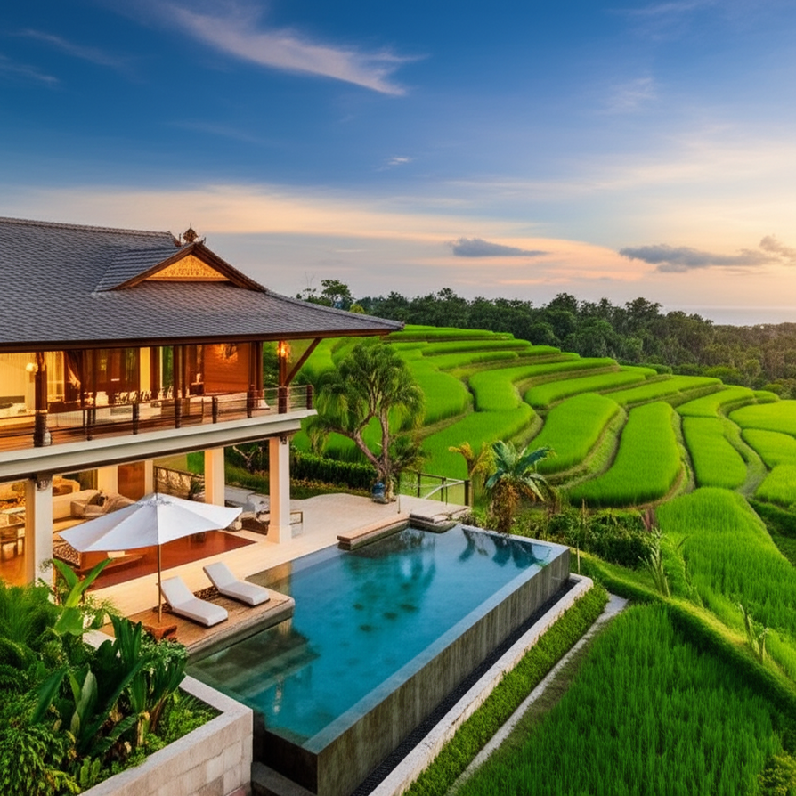 A luxurious Bali villa at sunset, featuring an infinity pool, lush tropical landscaping, and traditional Balinese architectural elements, symbolizing expert villa construction in Bali.