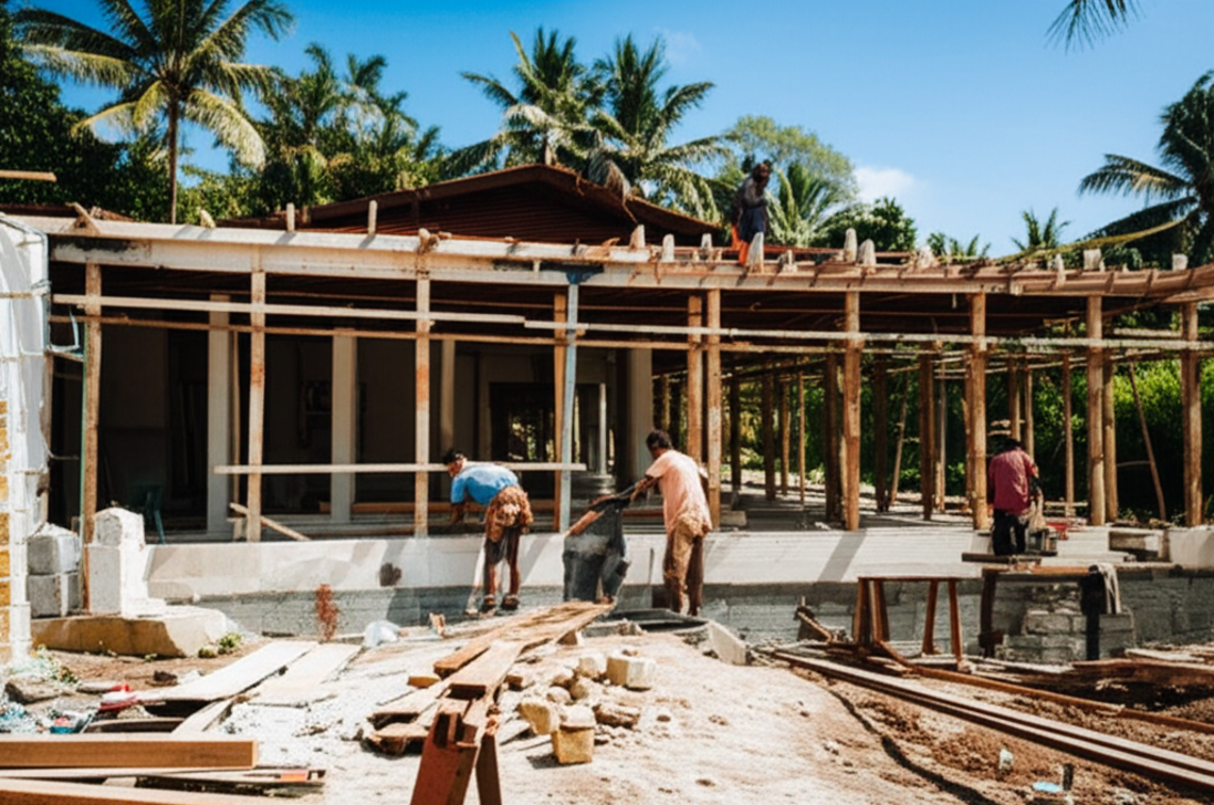 Photographic cover image showing a modern luxury villa under construction in Bali, with skilled workers, natural building materials, and lush tropical landscaping, symbolizing expert construction from start to finish.