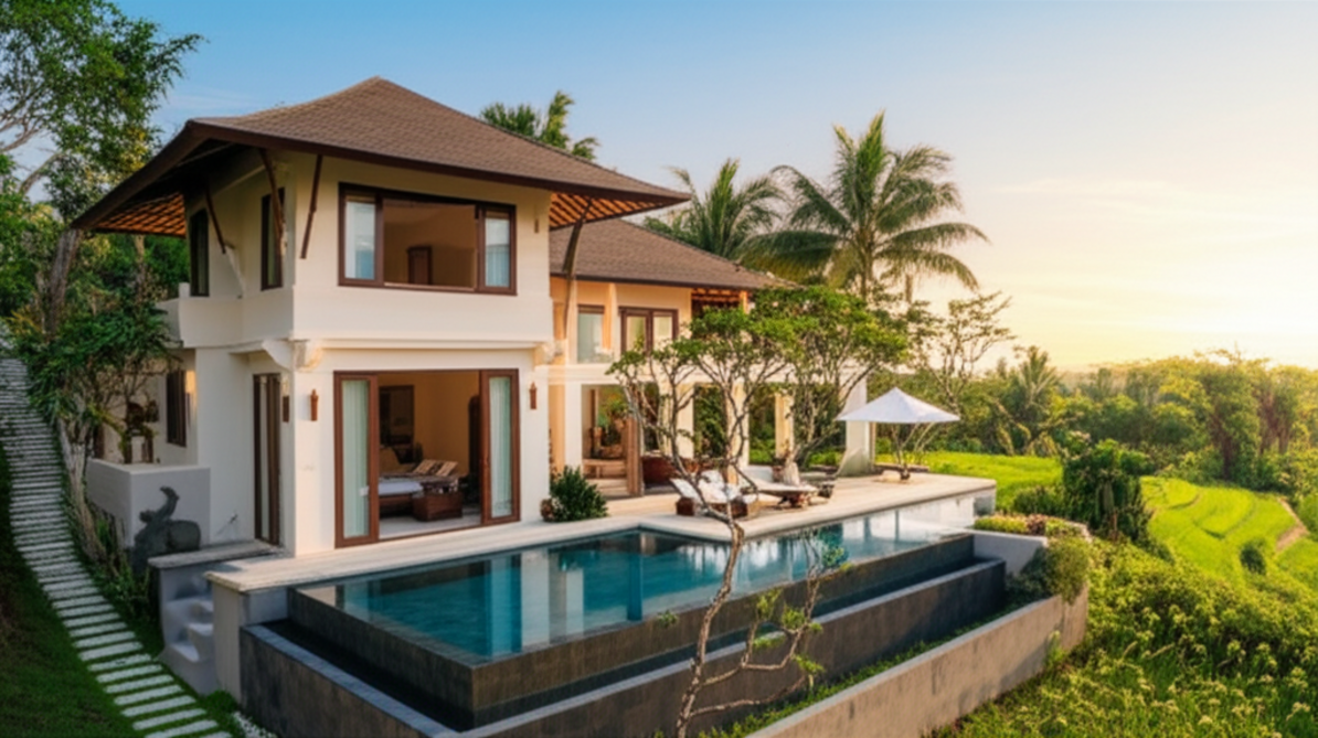 A newly constructed luxurious Bali villa featuring an infinity pool, lush tropical gardens, and traditional Balinese architectural details under a warm sky, representing expert villa construction from start to finish.
