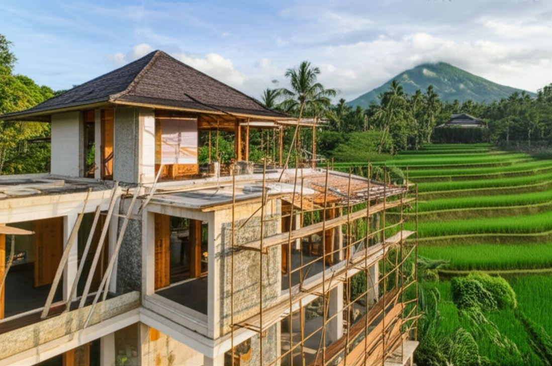 A photograph showing a luxurious Bali villa under construction, featuring traditional Balinese architectural elements, natural materials like stone and timber, and surrounded by vibrant tropical foliage. Scaffolding is partially visible, indicating active construction, with a serene landscape including rice paddies and distant mountains in the background, symbolizing expert construction from start to finish in Bali.