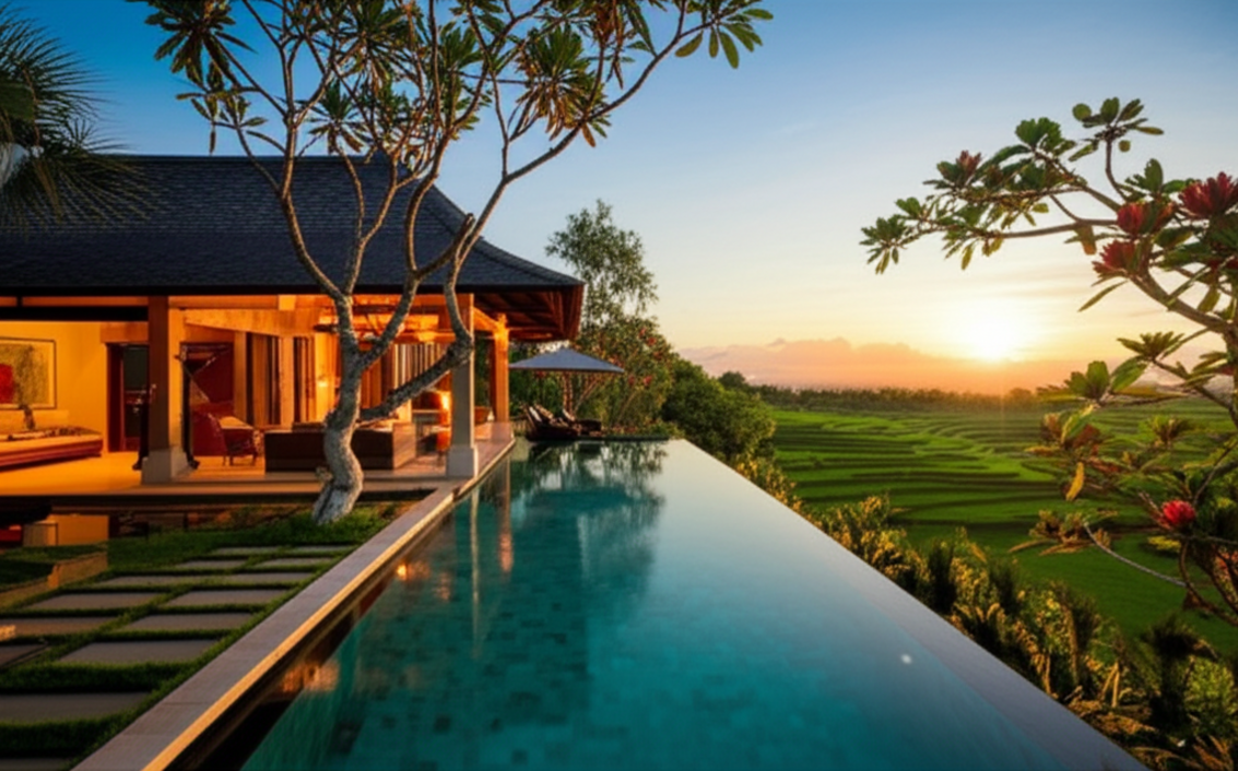 A luxurious modern Balinese villa at sunset with an infinity pool, lush tropical gardens, and traditional architectural details, symbolizing expert construction in Bali.
