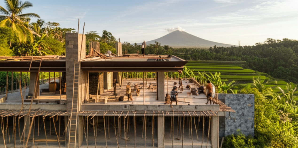 Aerial view of a contemporary Balinese villa under construction, showcasing a blend of traditional and modern design, surrounded by vibrant tropical landscape. Construction workers are visible, emphasizing the process of building a luxury home in Bali.