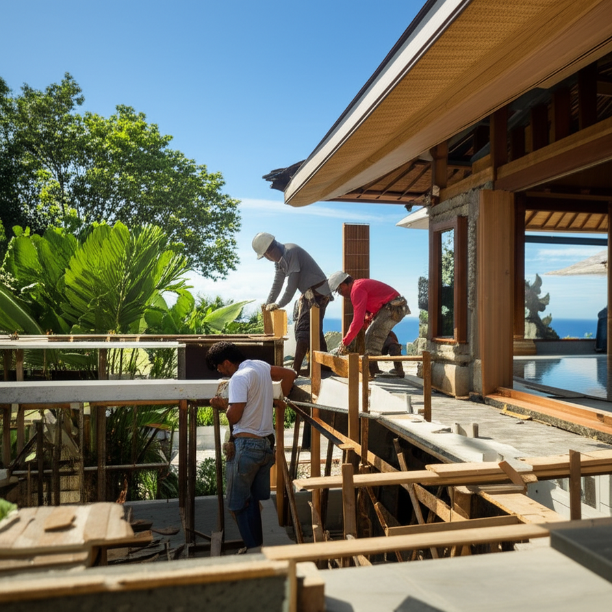 A photograph of a luxurious Balinese villa partially constructed, showing a blend of modern architecture and traditional Balinese design with natural materials and skilled workers. Lush tropical landscape and ocean are visible in the background, representing expert villa construction in Bali.
